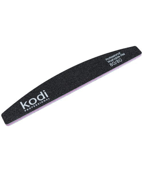 KODI Professional №33 Crescent-shaped nail file, abrasiveness 80/80, color: black, side elements: purple, size: 178*28*4 мм