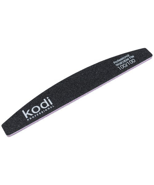KODI Professional №34 Crescent-shaped nail file, abrasiveness 100/100, color: black, side elements: purple, size: 178*28*4 мм
