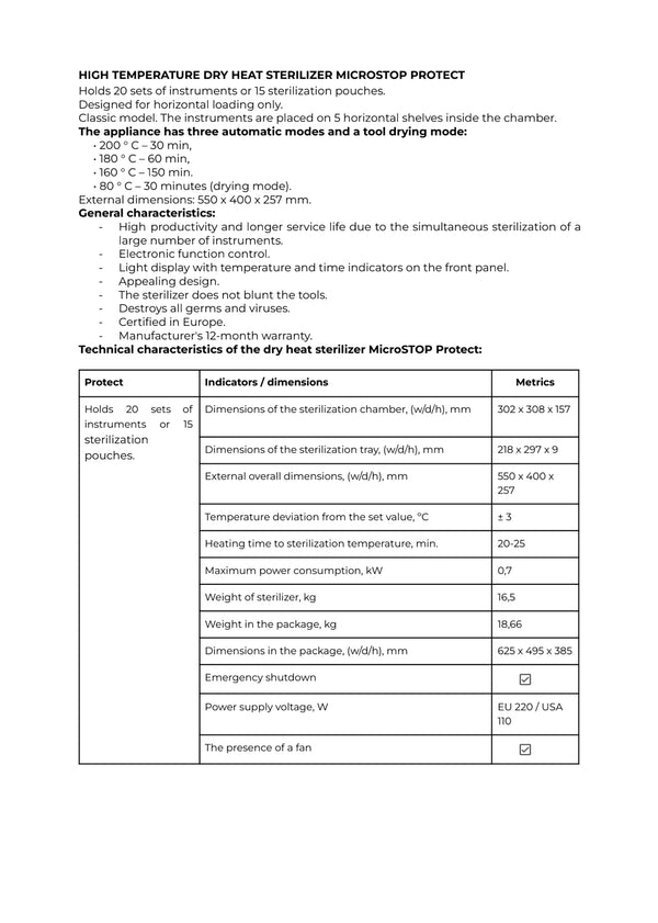 Microstop Dry Heat Sterilizer Protect