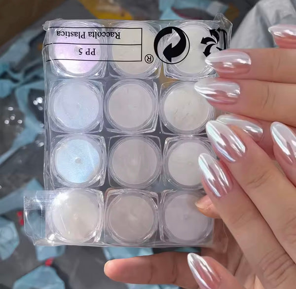 12pcs Aurora White Chrome Nail Powder Set