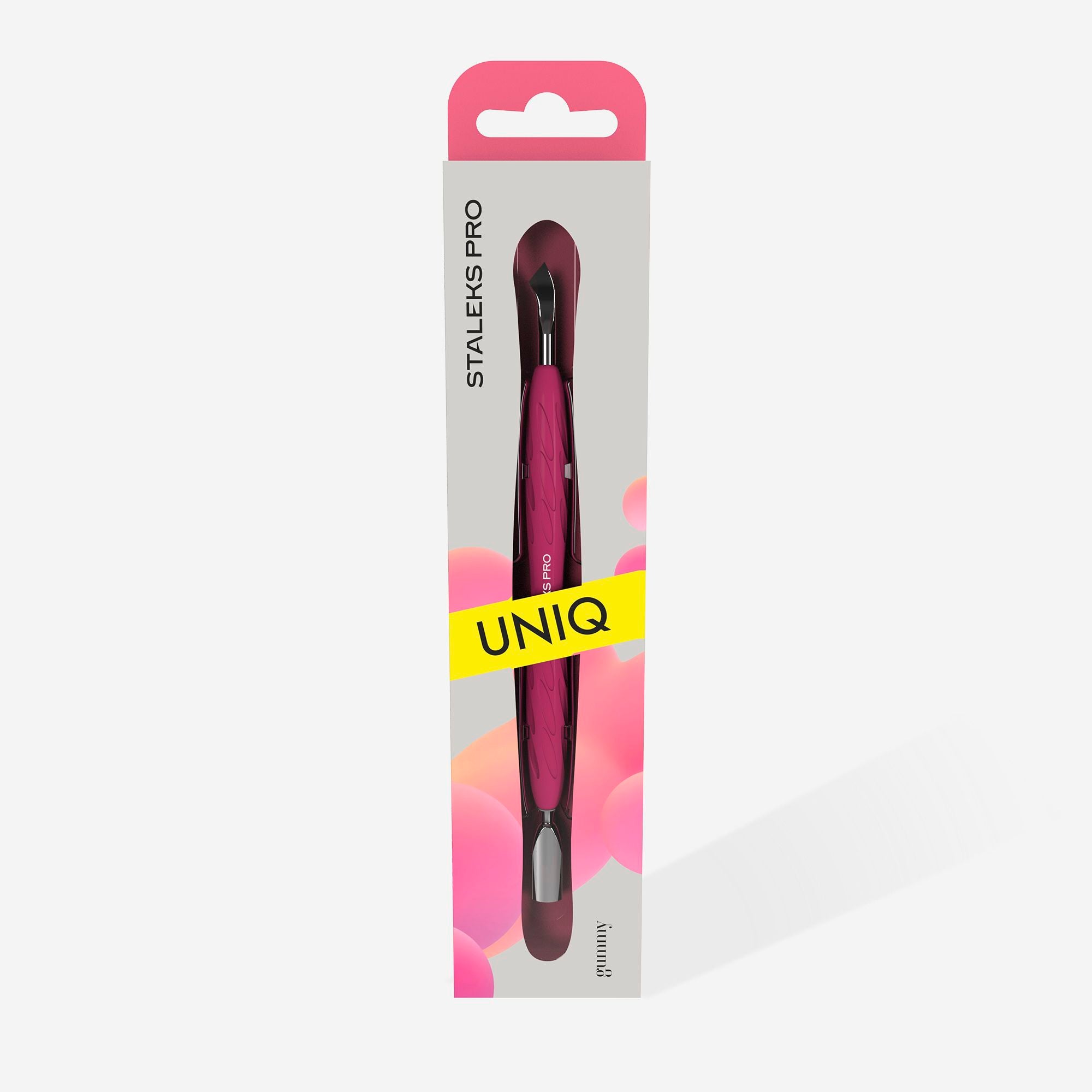 STALEKS Manicure pusher with silicone handle “Gummy” UNIQ 10 TYPE 4.2 (narrow rounded pusher + bent blade)  PQ-10/4.2