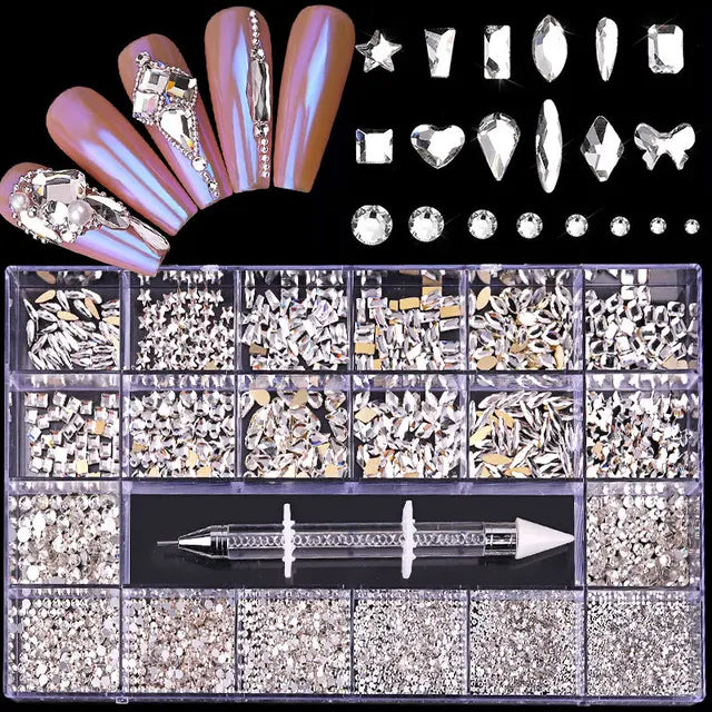 2500pcs Luxury Shiny Diamond Nail Art Rhinestones Crystal Decorations Set AB Glass 1pcs Pick Up Pen In Grids Box 21 Shape