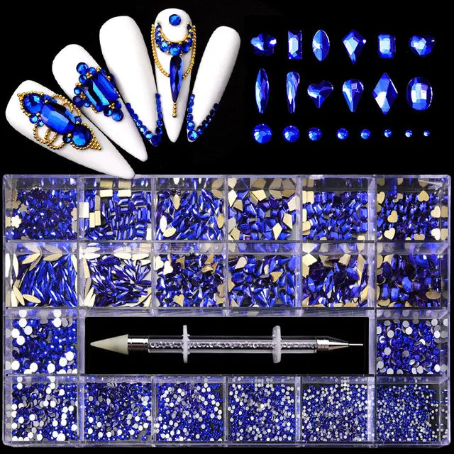 2500pcs Luxury Shiny Diamond Nail Art Rhinestones Crystal Decorations Set AB Glass 1pcs Pick Up Pen In Grids Box 21 Shape