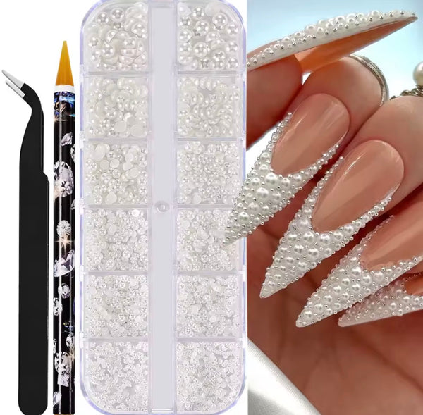 White Pearl Nail Art Kit – Mixed Size Flatback Pearls with Tweezers & Wax Pickup Pencil