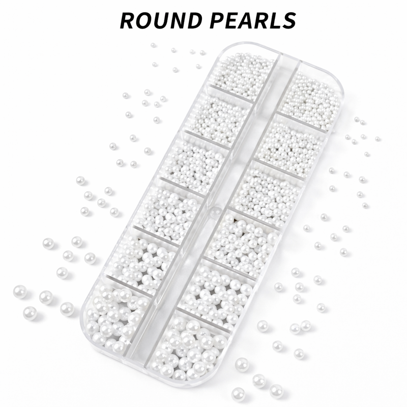 12Grids Round White Pearls Nail Caviar Beads Charms Mixed Size Flatback Pearls Nail Art Rhinestones For Nail Art Decorations