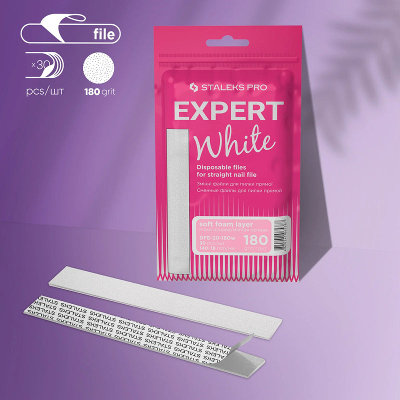 STALEKS PRO EXPERT 20 БЕЛЫЕ ОДНОРАЗОВЫЕ ПИЛОЧКИ ДЛЯ ПРЯМЫХ НОГТЕЙ (МЯГКАЯ ОСНОВА) 180 ЗЕРНИСТОСТЬ 30 ШТ DFE-20-180W