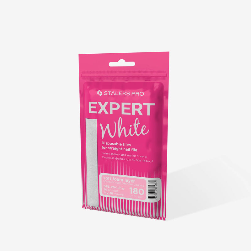 STALEKS PRO EXPERT 20 БЕЛЫЕ ОДНОРАЗОВЫЕ ПИЛОЧКИ ДЛЯ ПРЯМЫХ НОГТЕЙ (МЯГКАЯ ОСНОВА) 180 ЗЕРНИСТОСТЬ 30 ШТ DFE-20-180W