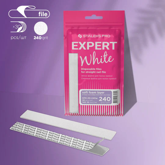 STALEKS PRO EXPERT 20 БЕЛЫЕ ОДНОРАЗОВЫЕ ПИЛОЧКИ ДЛЯ ПРЯМЫХ НОГТЕЙ (МЯГКАЯ ОСНОВА) 240 ЗЕРНИСТОСТЬ 30 ШТ DFE-20-240W