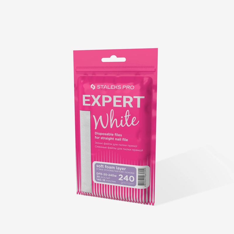 STALEKS PRO EXPERT 20 БЕЛЫЕ ОДНОРАЗОВЫЕ ПИЛОЧКИ ДЛЯ ПРЯМЫХ НОГТЕЙ (МЯГКАЯ ОСНОВА) 240 ЗЕРНИСТОСТЬ 30 ШТ DFE-20-240W