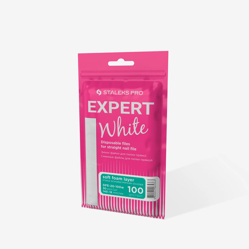 STALEKS PRO EXPERT 20 БЕЛЫЕ ОДНОРАЗОВЫЕ ПИЛОЧКИ ДЛЯ ПРЯМЫХ НОГТЕЙ (МЯГКАЯ ОСНОВА) 100 ЗЕРНИСТОСТЬ 30 ШТ DFE-20-100W