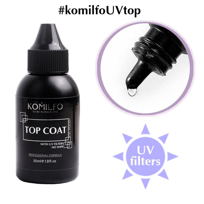 KOMILFO NO WIPE TOP - TOP FOR GEL POLISH WITHOUT STICKY LAYER WITH UV FILTERS, 50 ML (BARREL WITH SPOUT) Article : 155001