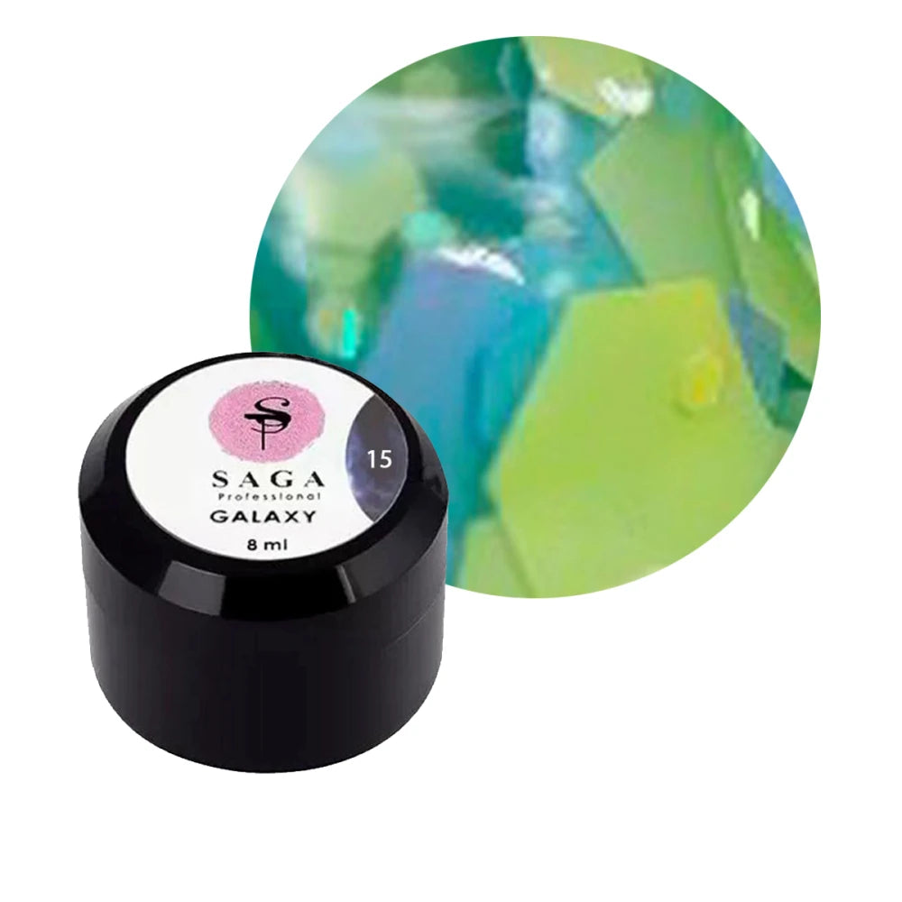 SAGA professional Galaxy glitter 15 (transparent with blue and light green holographic sparkles), 8 ml GG15