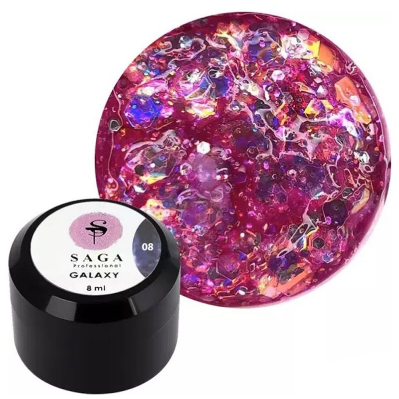SAGA professional Galaxy glitter 08 (transparent with holographic pink sparkles), 8 ml GG08