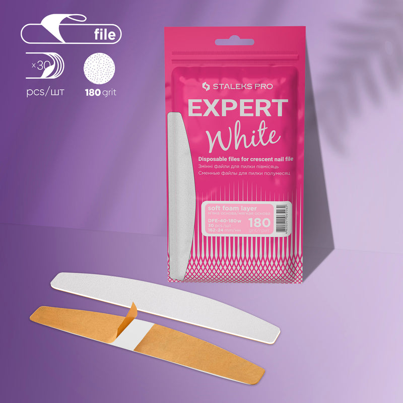 Пилочки одноразові для пилки серповидні білі (м'яка основа) Staleks Pro Expert 40, 180 грит (30 шт.) DFE-40-180w